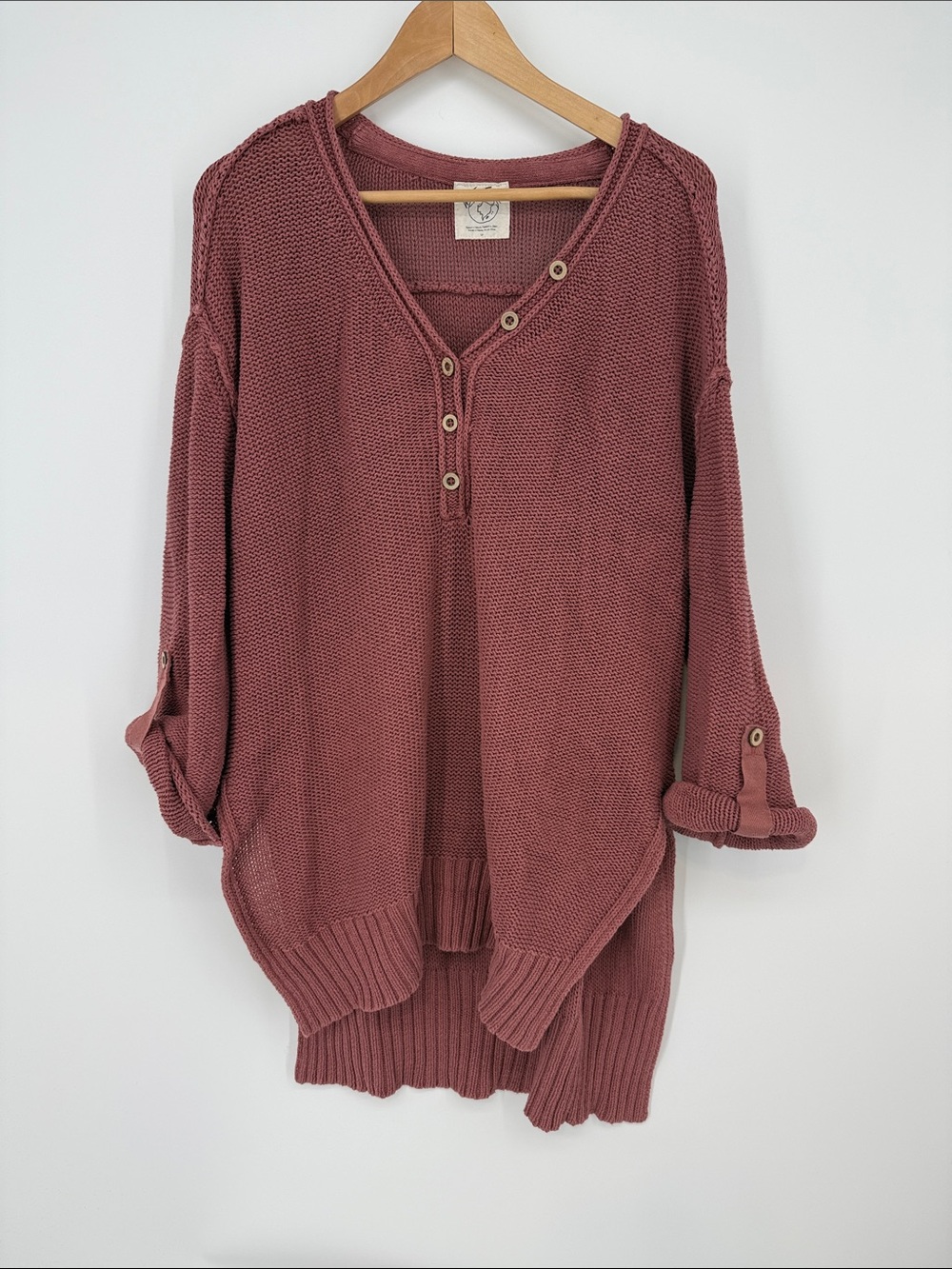We the Free Dusty Rose Button-Accent Knit Sweater